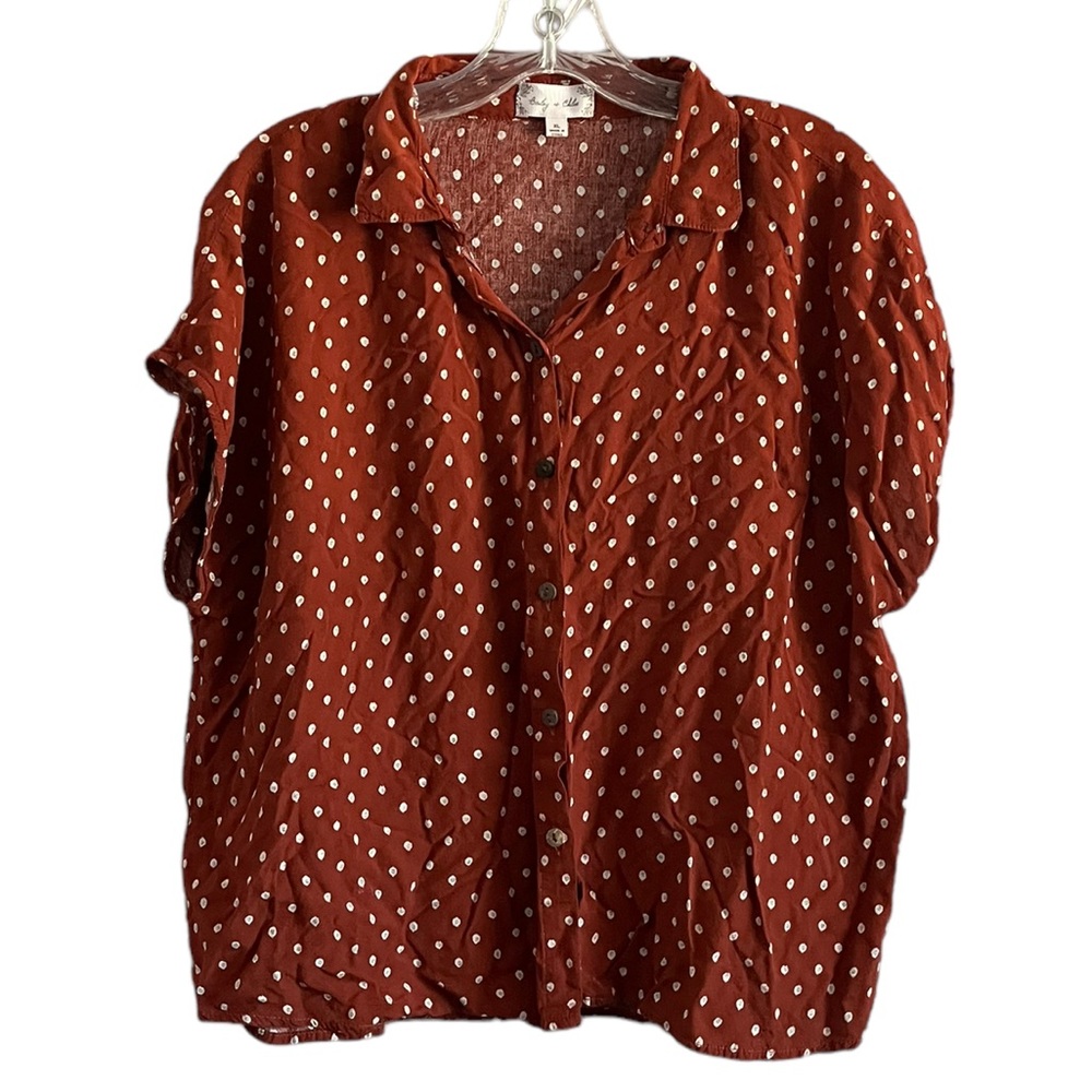 Bailey & Chloe Orange Red Polka Dot Short Sleeve Button Front Blouse Size XL
